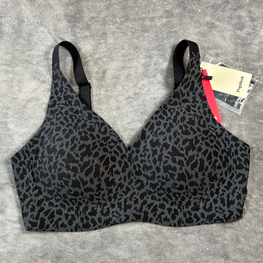 Popilush Women Grey Leopard Print Wireless Bra Seamless Padded Large NWT